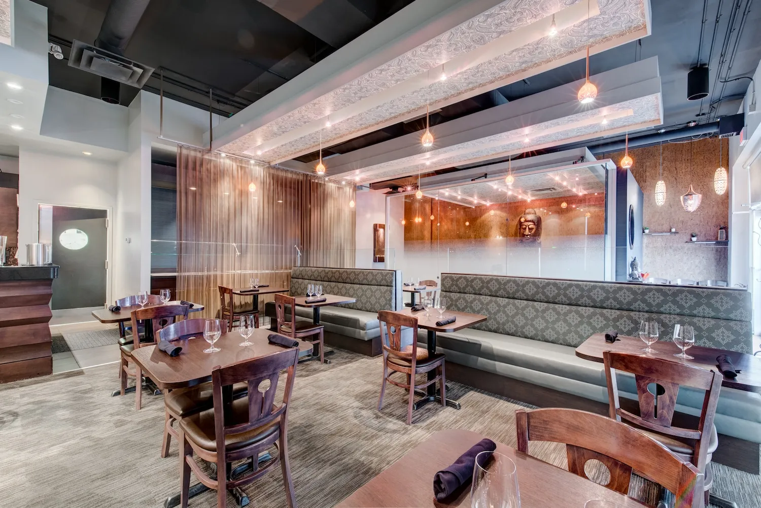 Karma Fine Indian Cuisine dining room — chic, comfortable interior in Southeast Calgary