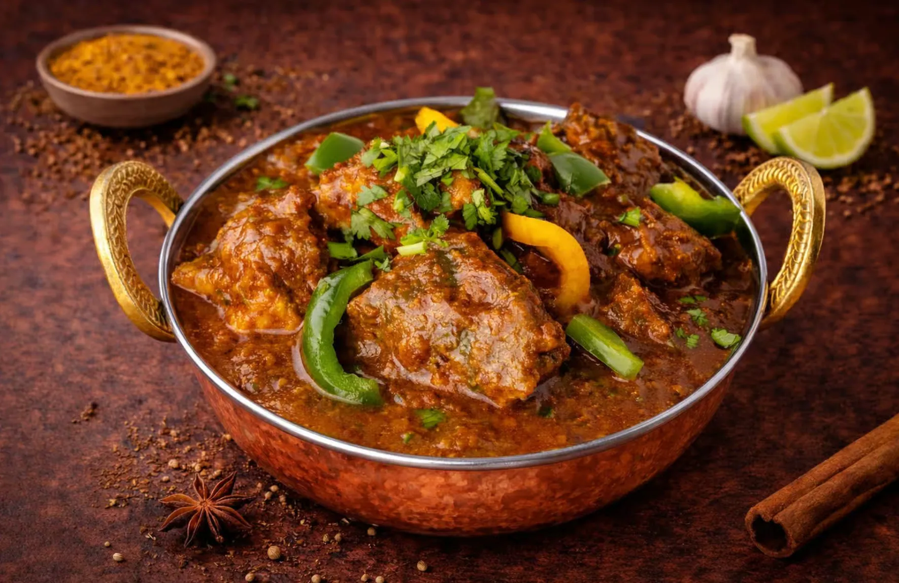 Karma Fine Indian Cuisine Lamb Kashmiri — boneless lamb in rich onion gravy, Calgary SE
